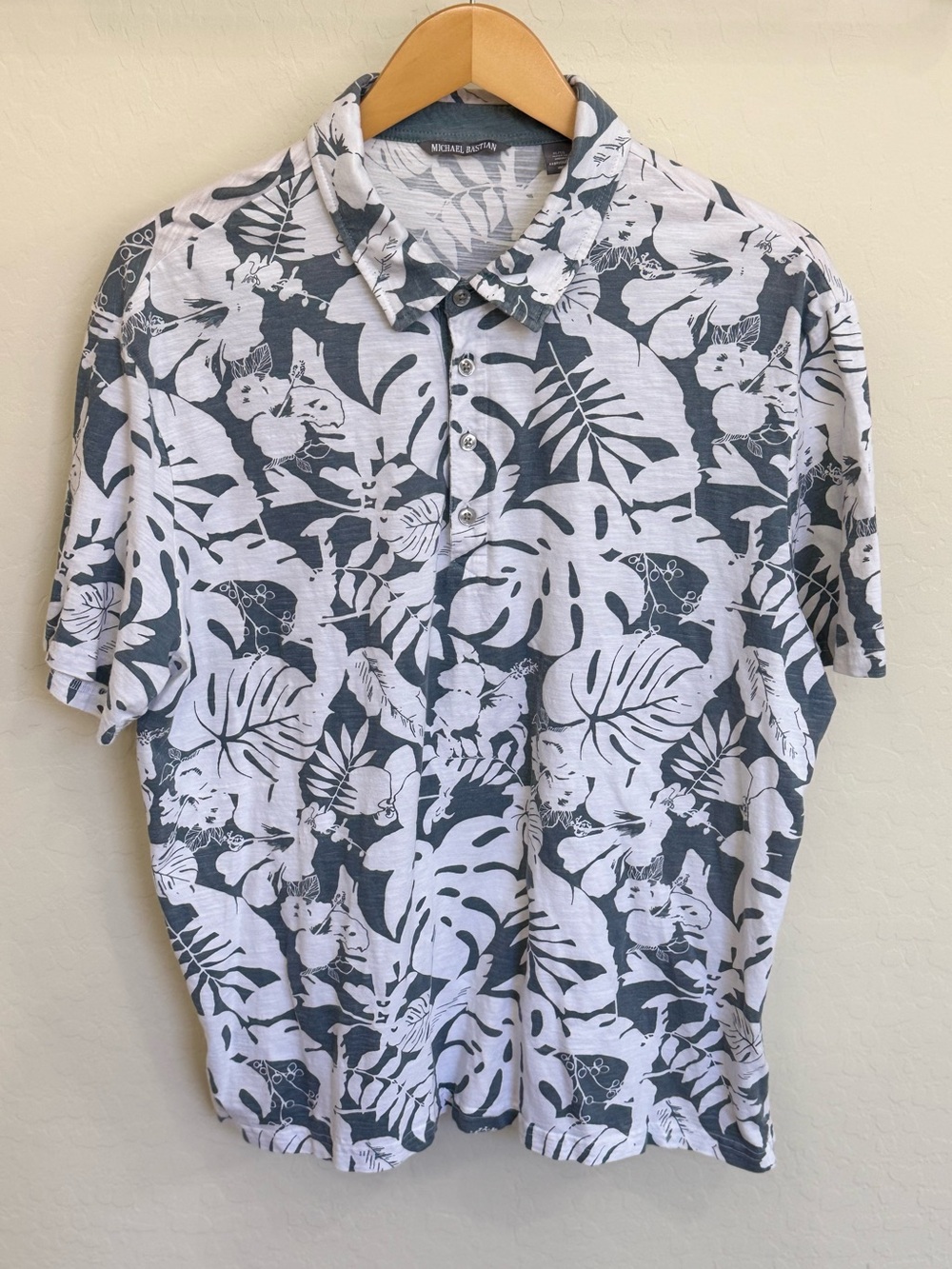 Michael Bastian Men's XL Tropical Leaf Floral Polo Shirt Slub Knit Gray White XL